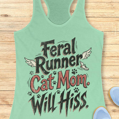 mint tank top with text "Feral runner, cat mom, will hiss" on a wooden background