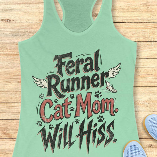 mint tank top with text "Feral runner, cat mom, will hiss" on a wooden background
