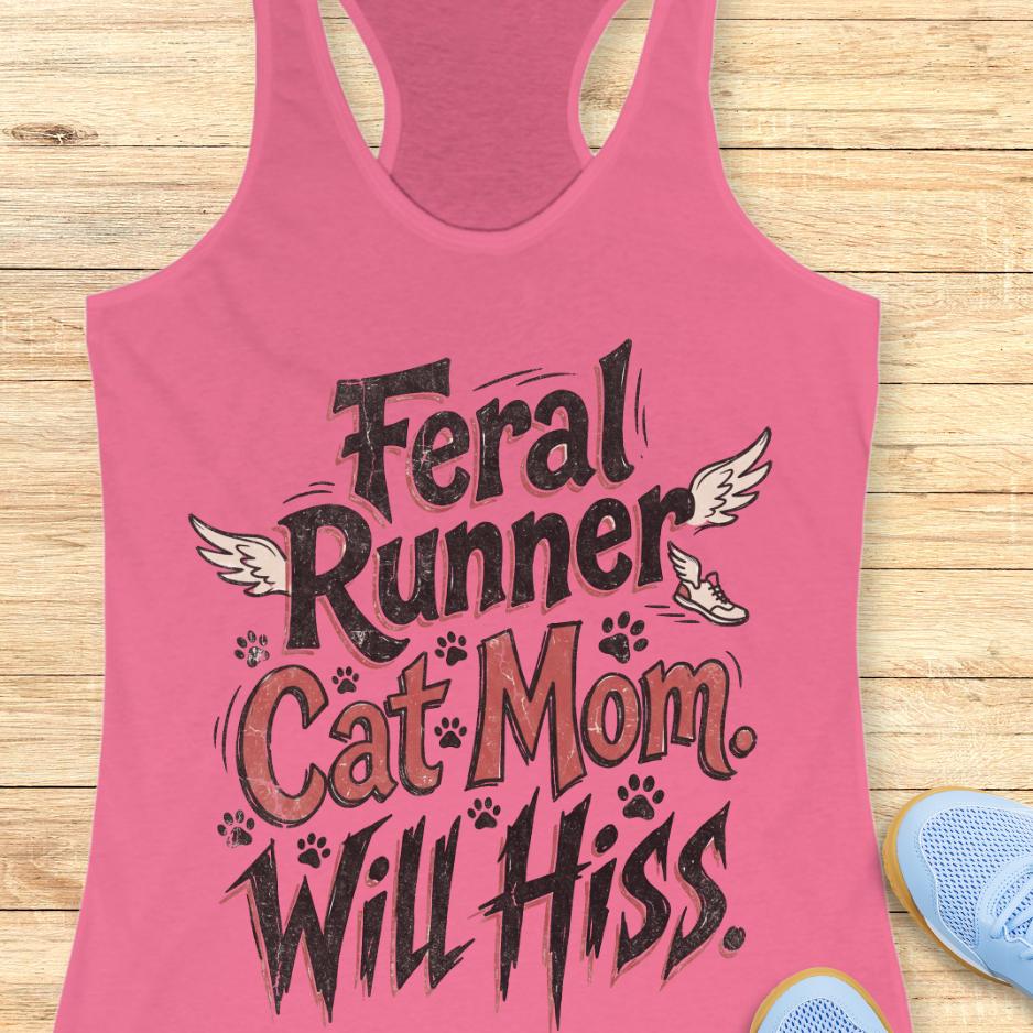 pink tank top with text "Feral runner, cat mom, will hiss" on a wooden background