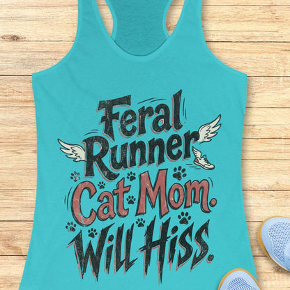 blue tank top with text "Feral runner, cat mom, will hiss" on a wooden background