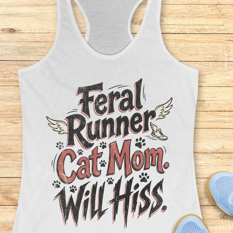 white tank top with text "Feral runner, cat mom, will hiss" on a wooden background