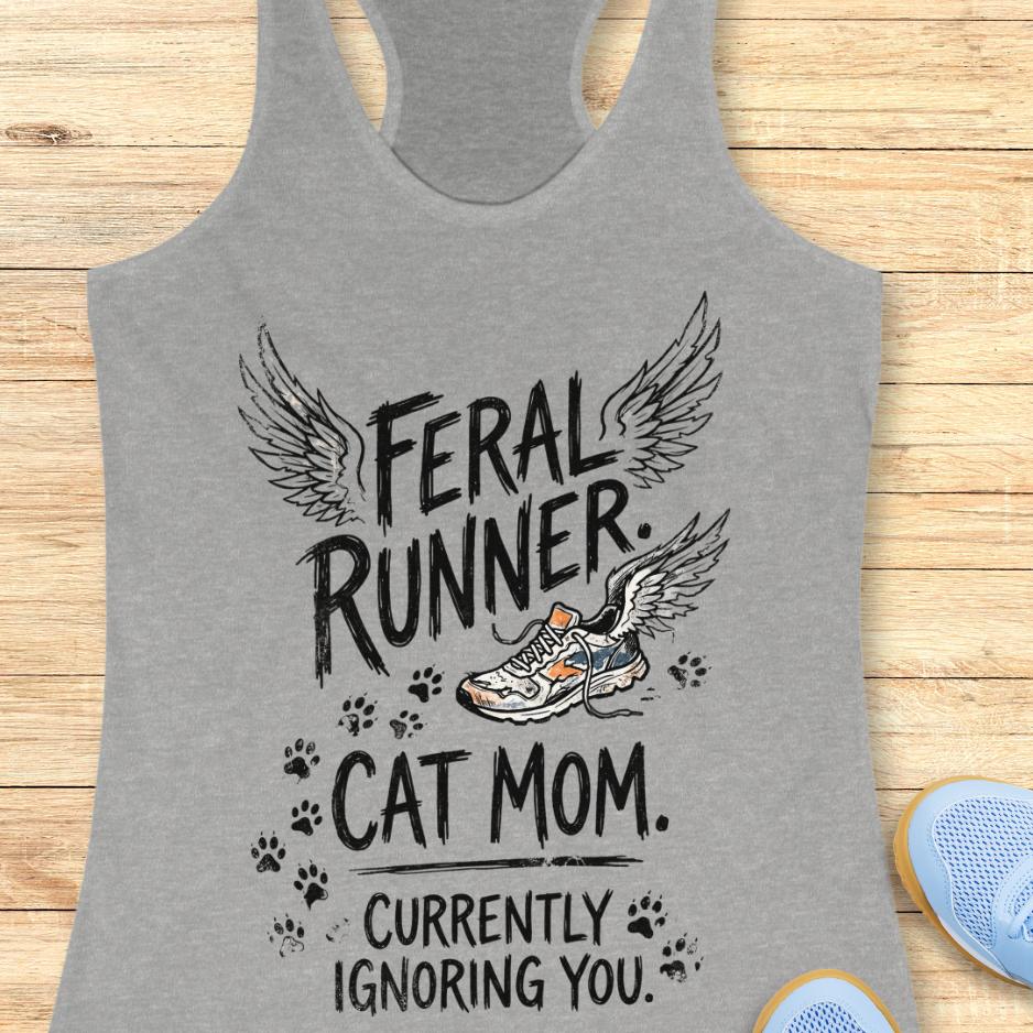 grey tank top with the text "feral runner. cat mom. currently ignoring you." on a wooden background