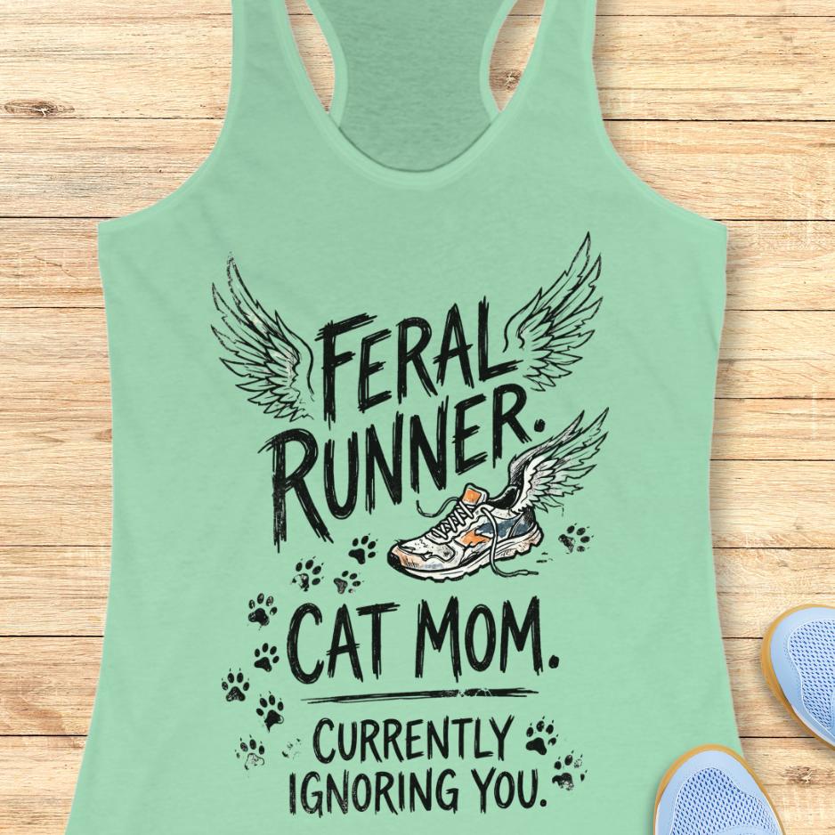 mint tank top with the text "feral runner. cat mom. currently ignoring you." on a wooden background