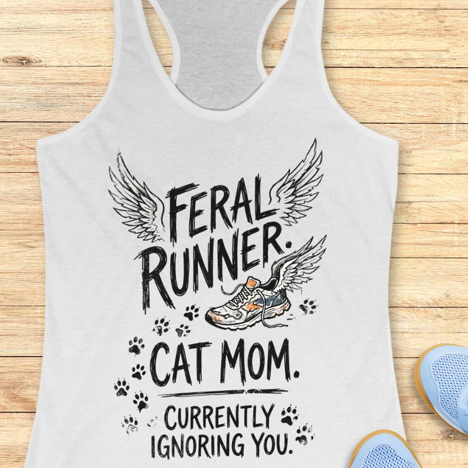 white tank top with the text "feral runner. cat mom. currently ignoring you." on a wooden background