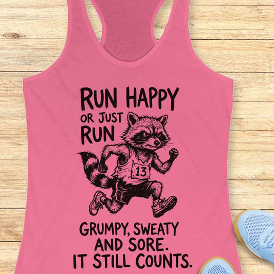 pink tank top with text - run happy or just run grumpy, sweaty and sore. it still counts.  on a wooden background