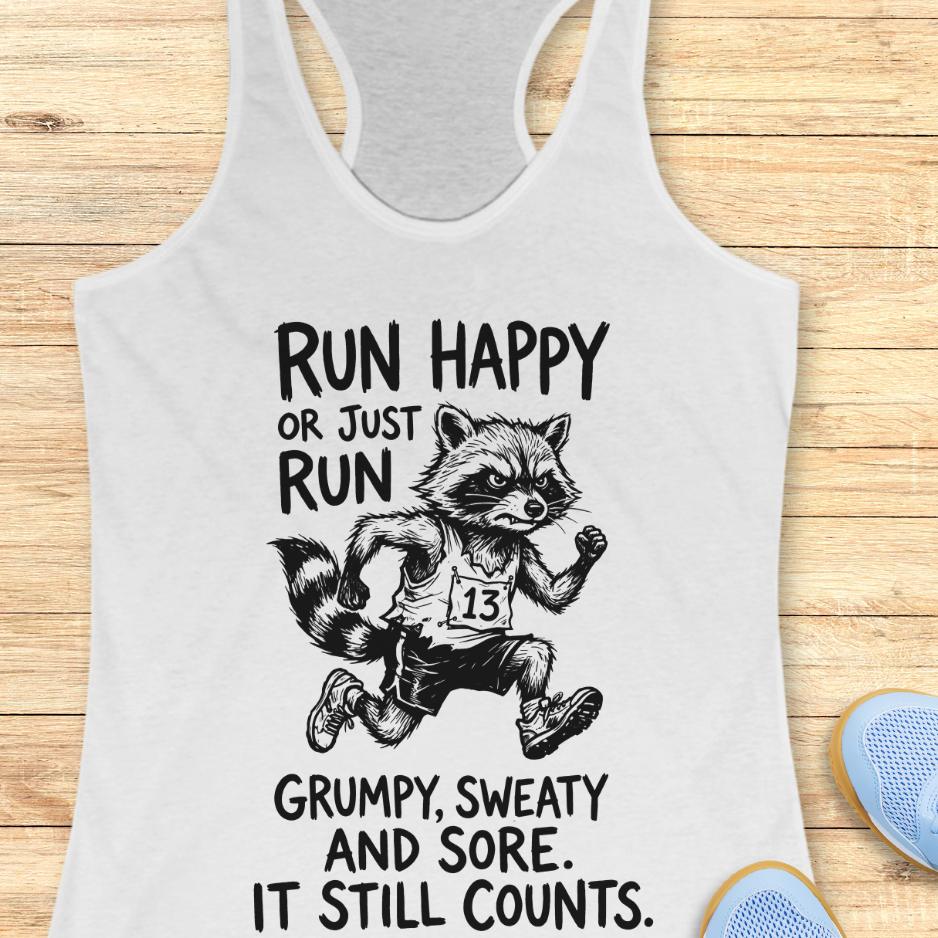 white tank top with text - run happy or just run grumpy, sweaty and sore. it still counts.  on a wooden background