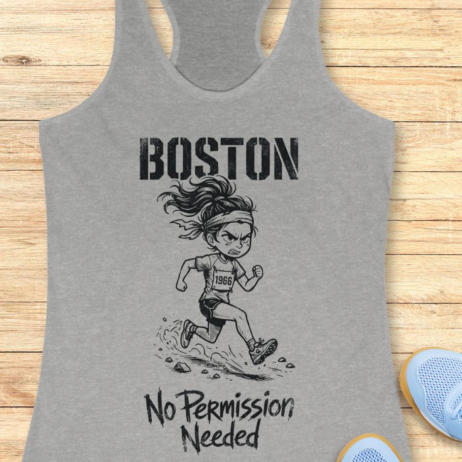 grey tank top with a graphic of a runner and 'Boston No Permission Needed' text on a wooden surface.