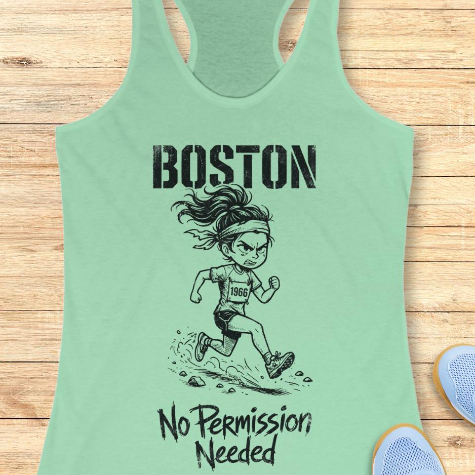 Mint green tank top with a graphic of a runner and 'Boston No Permission Needed' text on a wooden surface.