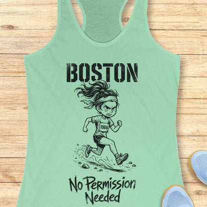 Mint green tank top with a graphic of a runner and 'Boston No Permission Needed' text on a wooden surface.