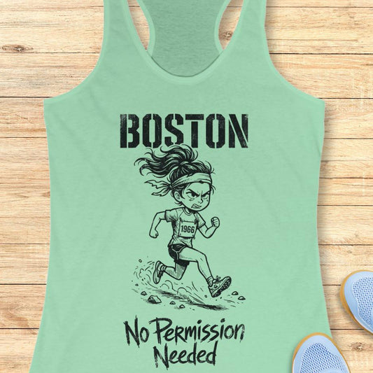 Mint green tank top with a graphic of a runner and 'Boston No Permission Needed' text on a wooden surface.