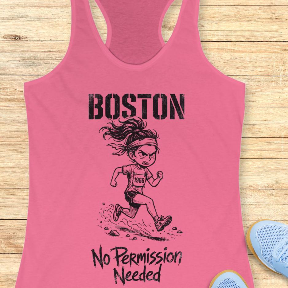 Pink tank top with a graphic of a running woman and 'Boston No Permission Needed' text on a wooden surface.