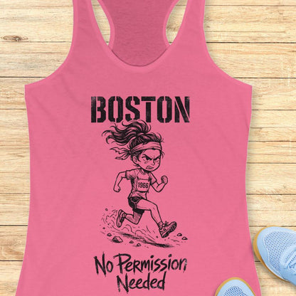 Pink tank top with a graphic of a running woman and 'Boston No Permission Needed' text on a wooden surface.