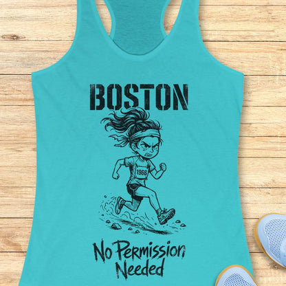Turquoise tank top with a graphic of a running woman and text 'Boston No Permission Needed'  on a wooden surface 