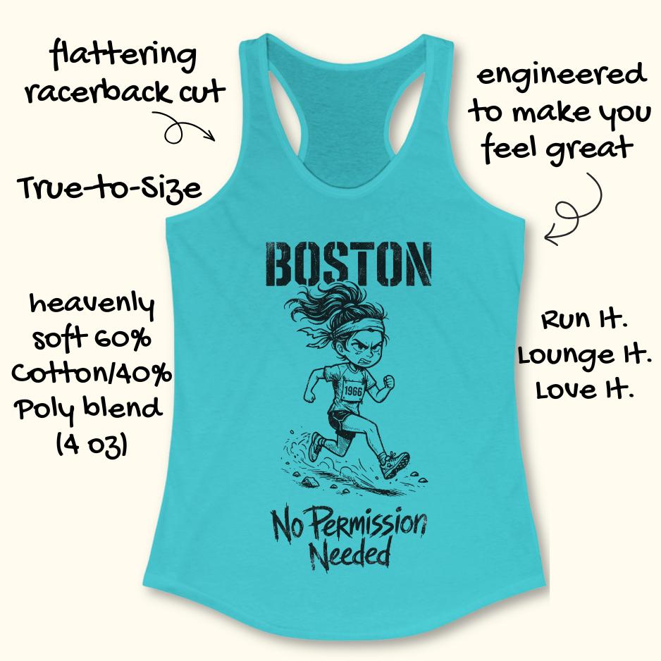 Turquoise tank top with running-themed design and text on a white background