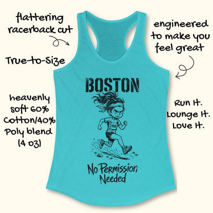 Turquoise tank top with running-themed design and text on a white background