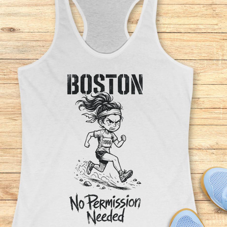White tank top with a graphic of a runner and 'Boston No Permission Needed' text on a wooden surface.