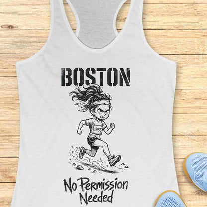 White tank top with a graphic of a runner and 'Boston No Permission Needed' text on a wooden surface.