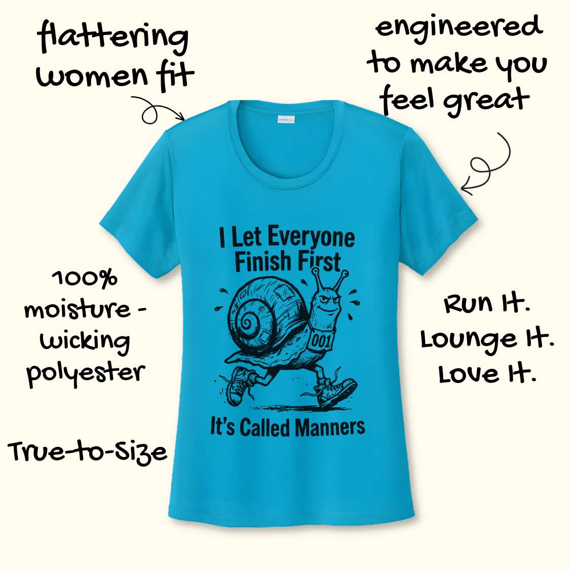 Blue t-shirt with a snail graphic and text on a white background