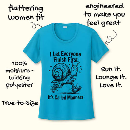 Blue t-shirt with a snail graphic and text on a white background