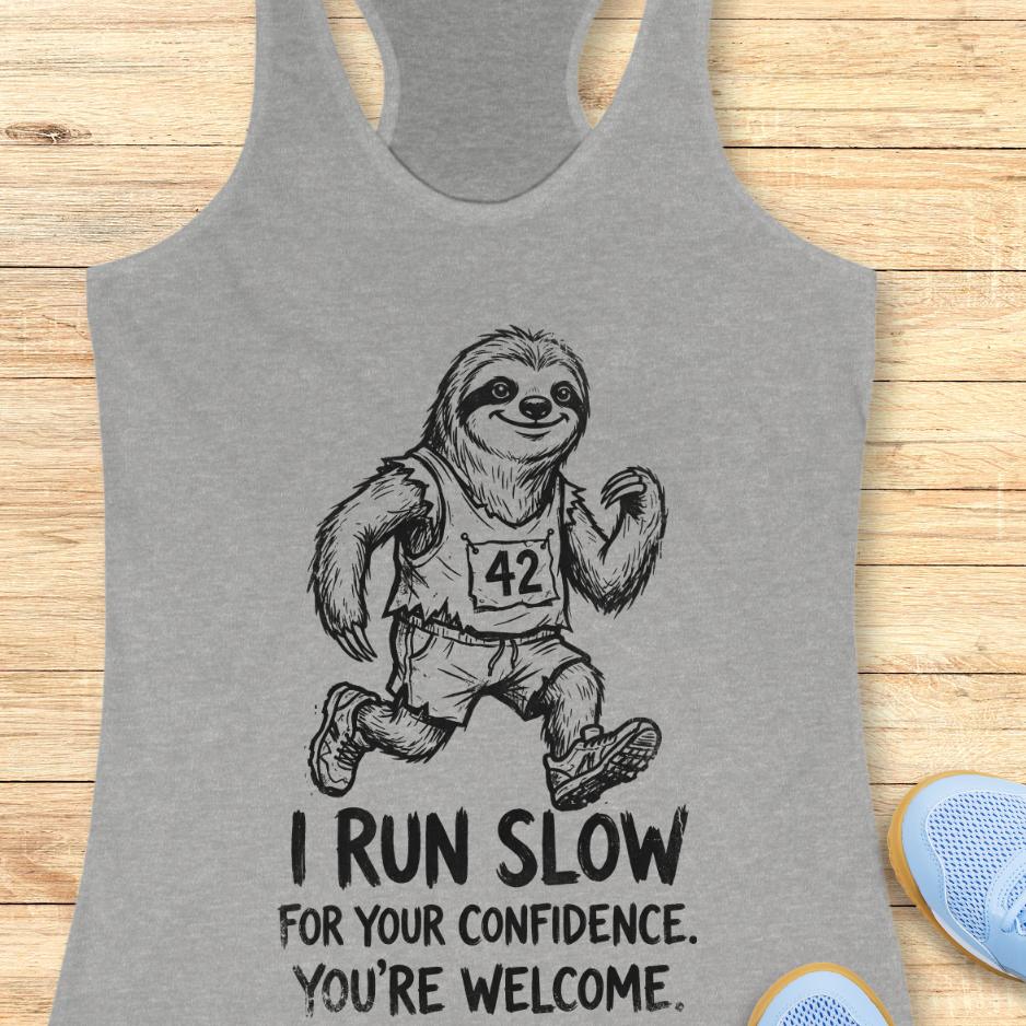 grey tank top with an image of a sloth running and text - "i run slow for your confidence. you're welcome." on wooden background