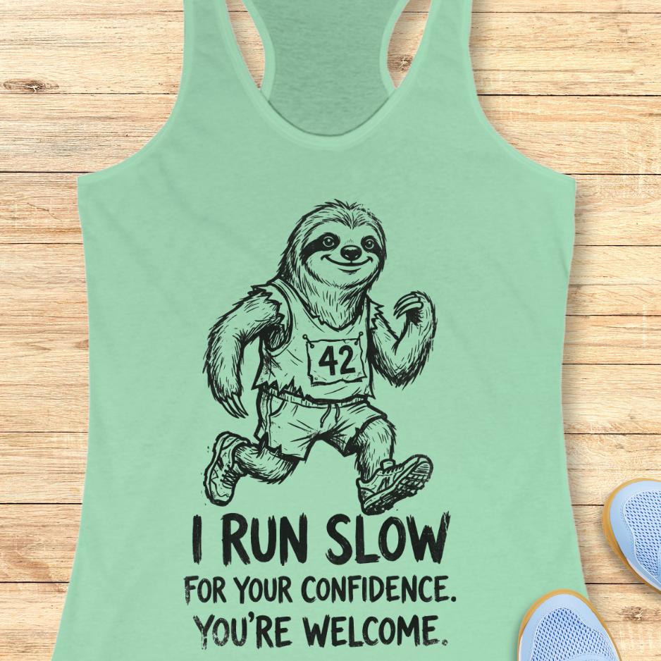 mint tank top with an image of a sloth running and text - "i run slow for your confidence. you're welcome." on wooden background