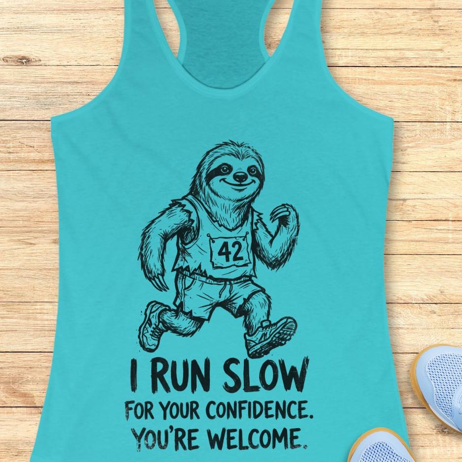 blue tank top with an image of a sloth running and text - "i run slow for your confidence. you're welcome." on wooden background