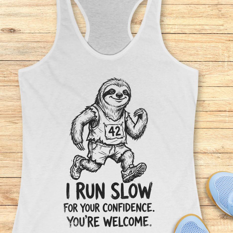white tank top with an image of a sloth running and text - "i run slow for your confidence. you're welcome." on wooden background