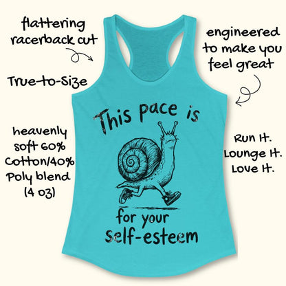 blue tank top with a runner snail and text - this pace is for your self esteem. on a white background