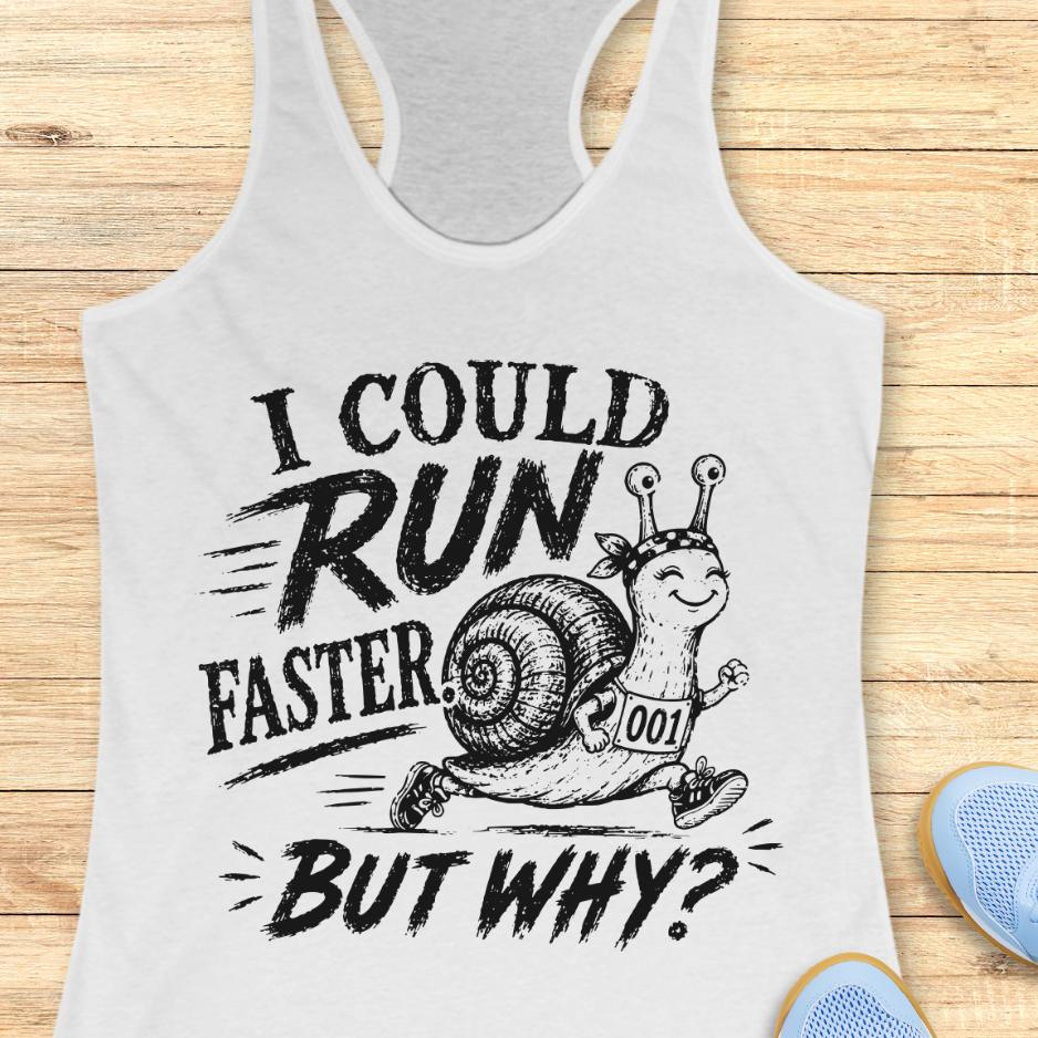 white tank top with a running snail and text - I could run faster. but why?  on a wooden background