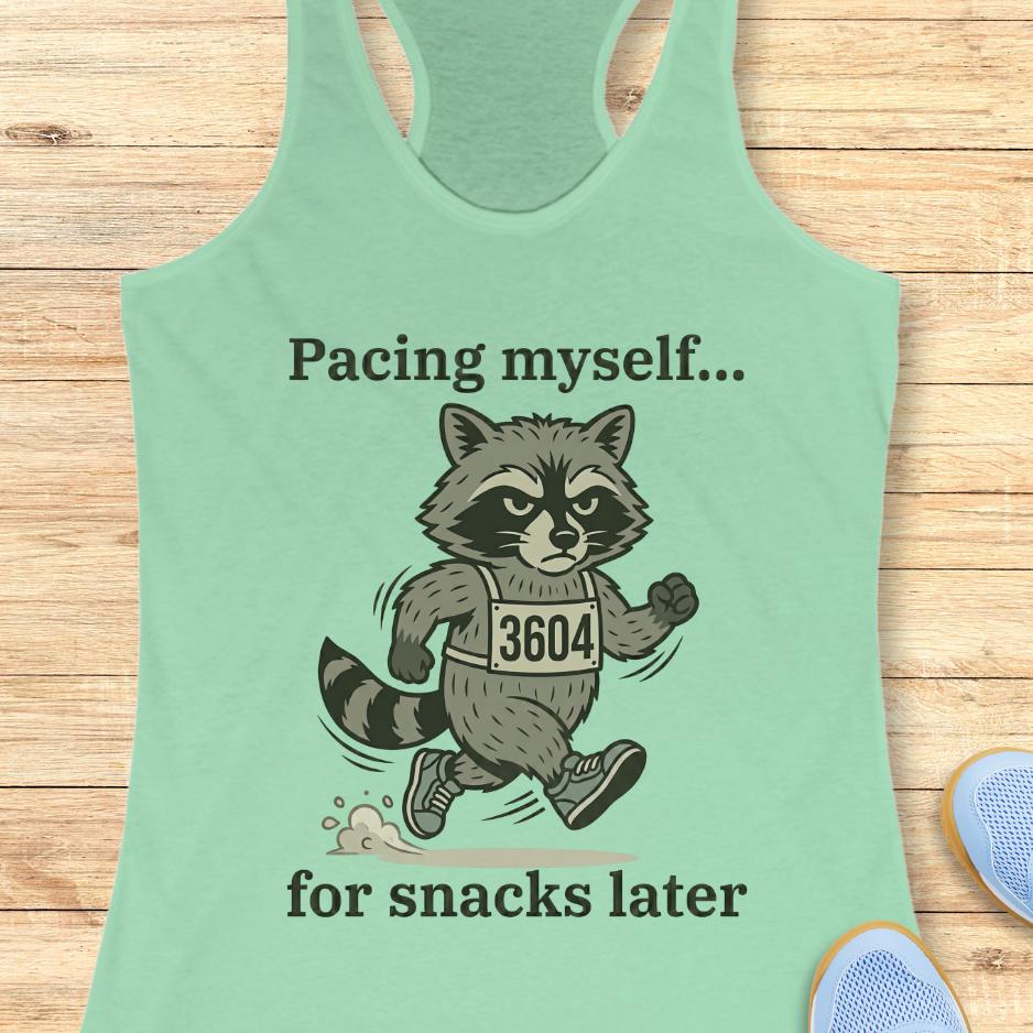 mint tank top with a running raccoon and text "pacing myself...for snacks later" on a wooden background
