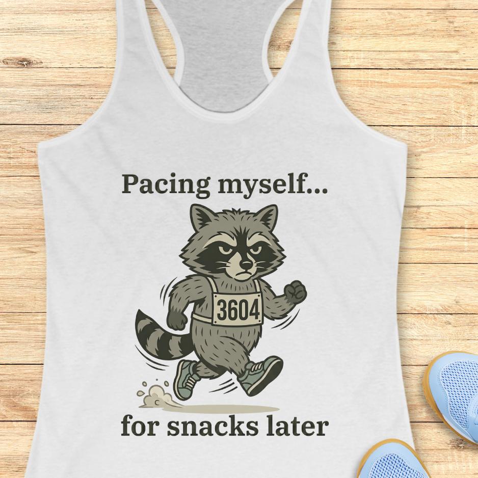 white tank top with a running raccoon and text "pacing myself...for snacks later" on a wooden background