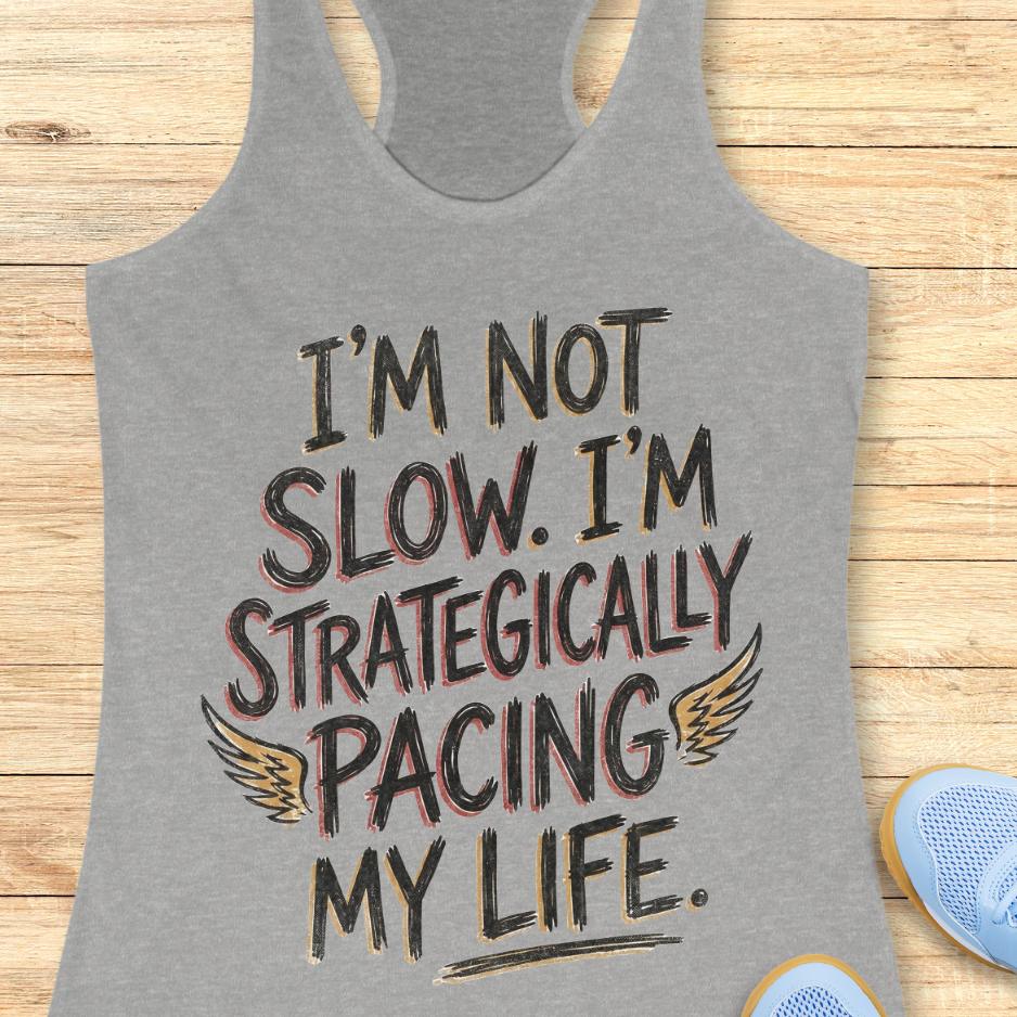grey tank top with text - I'm not slow. I'm strategically pacing my life. on wooden background