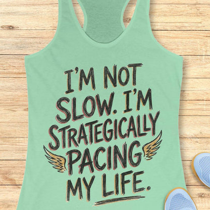 mint tank top with text - I'm not slow. I'm strategically pacing my life. on wooden background