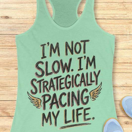 mint tank top with text - I'm not slow. I'm strategically pacing my life. on wooden background