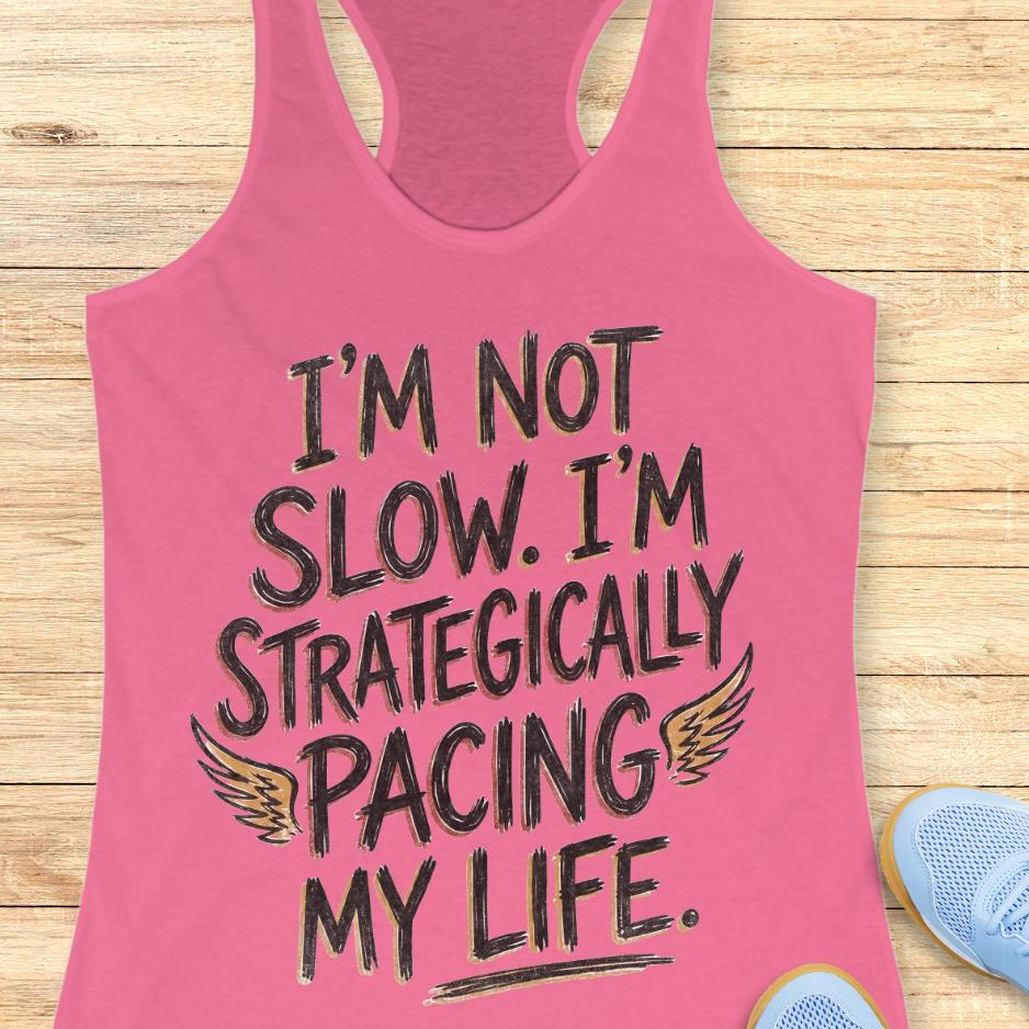 pink tank top with text - I'm not slow. I'm strategically pacing my life. on wooden background