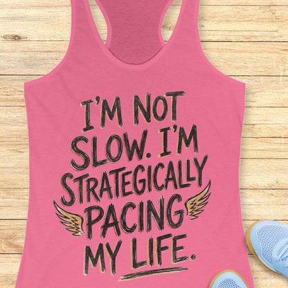 pink tank top with text - I'm not slow. I'm strategically pacing my life. on wooden background