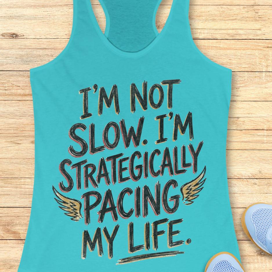 blue tank top with text - I'm not slow. I'm strategically pacing my life. on wooden background