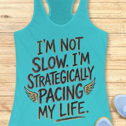 blue tank top with text - I'm not slow. I'm strategically pacing my life. on wooden background