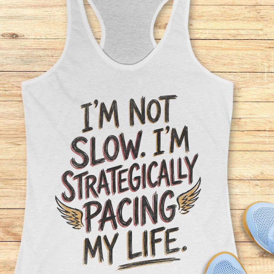 white tank top with text - I'm not slow. I'm strategically pacing my life. on wooden background