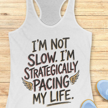 white tank top with text - I'm not slow. I'm strategically pacing my life. on wooden background
