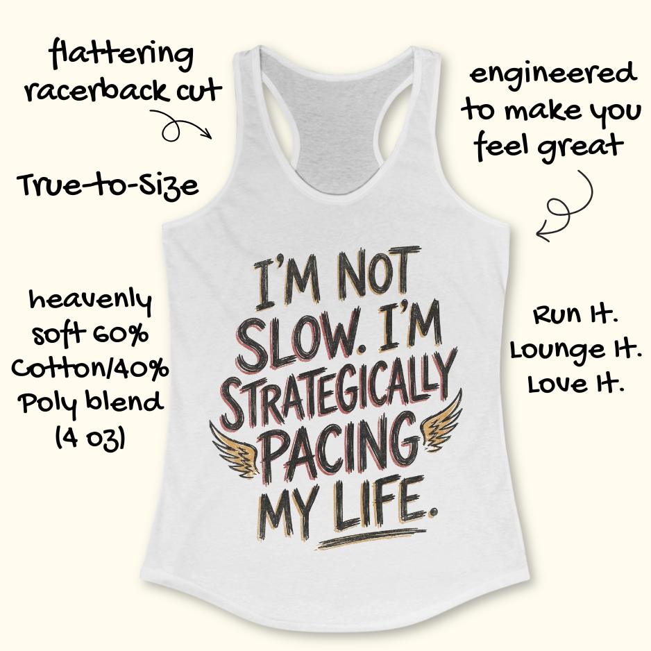 white tank top with text - I'm not slow. I'm strategically pacing my life. on white background