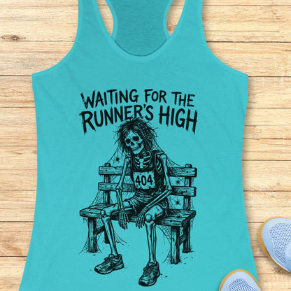 blue tank top with an image of a skeleton sitting on a bench, with a runner bib with the number 404, and text - waiting for the runner's high, on wooden background