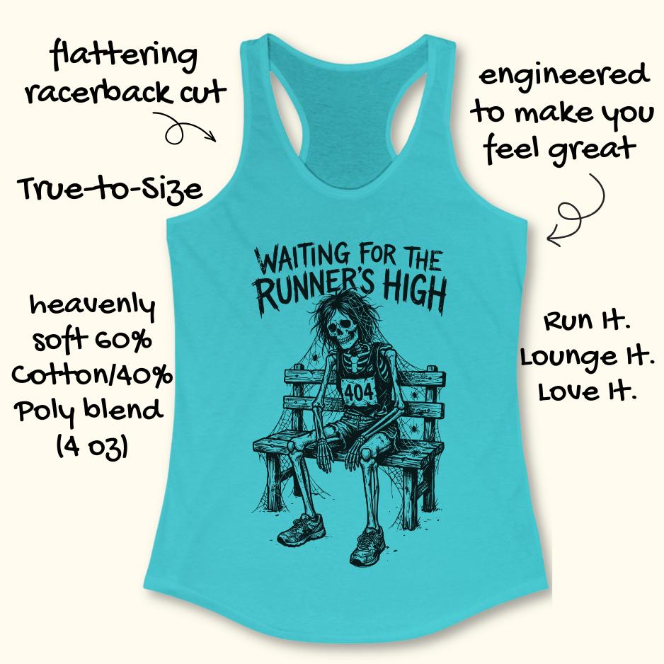 blue tank top with an image of a skeleton sitting on a bench, with a runner bib with the number 404, and text - waiting for the runner's high, on white background