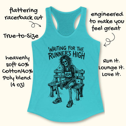 blue tank top with an image of a skeleton sitting on a bench, with a runner bib with the number 404, and text - waiting for the runner's high, on white background