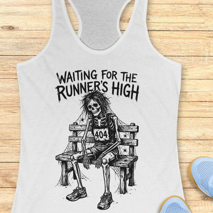 white tank top with an image of a skeleton sitting on a bench, with a runner bib with the number 404, and text - waiting for the runner's high, on wooden background