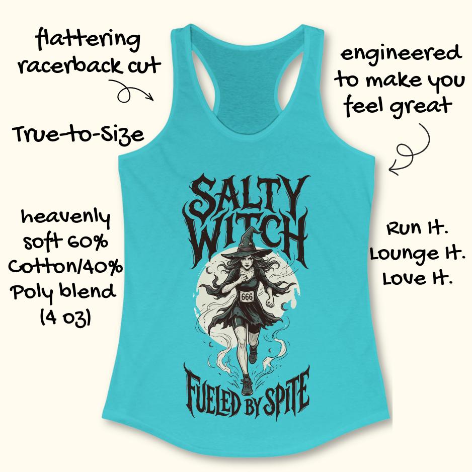 blue tank top with an image of a running witch and the text - salty witch. Fueled by spite. on a white background