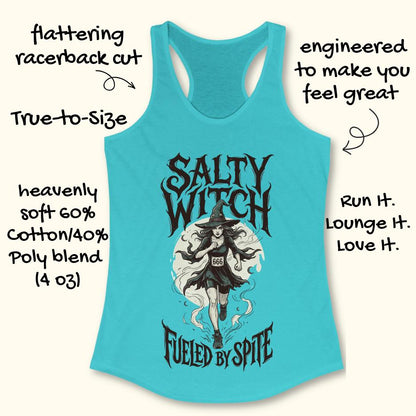 blue tank top with an image of a running witch and the text - salty witch. Fueled by spite. on a white background