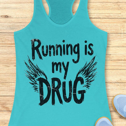 blue tank top with the text - running is my drug, with wings, on a wooden background