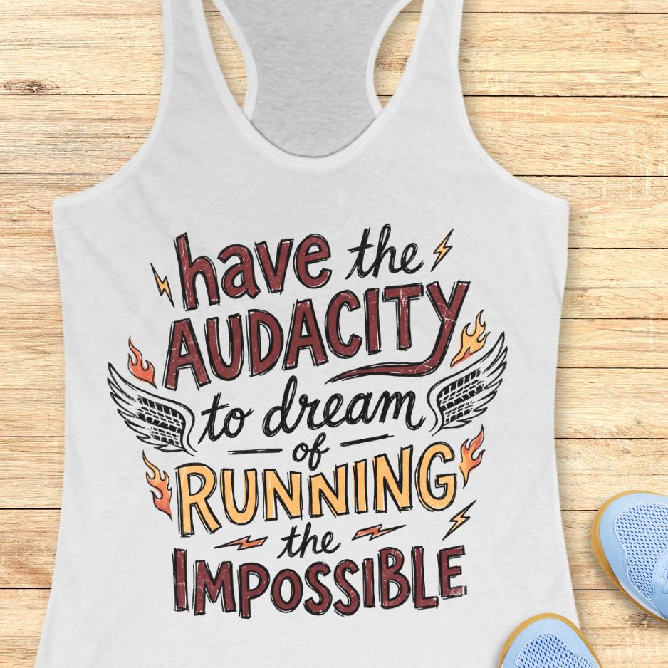 white tank top with the text - have the audacity to dream of running the impossible , on a wooden background