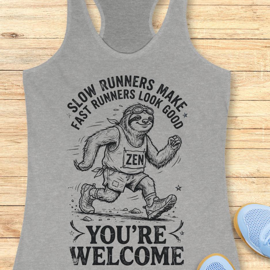 grey tank top with an image of a sloth runner and the text - slow runners make fast runners look good. you're welcome. on a wooden background